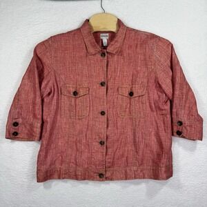 Chicos Jacket Womens 3 Pink Coral Linen Metallic‎ Jacket 3/4 Sleeves Button Down